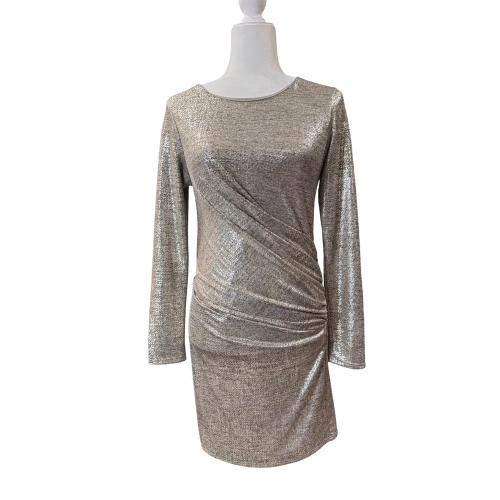 Lulus Metallic Ruched Mini Dress Womens M Gold Excellent Long Sleeve Party